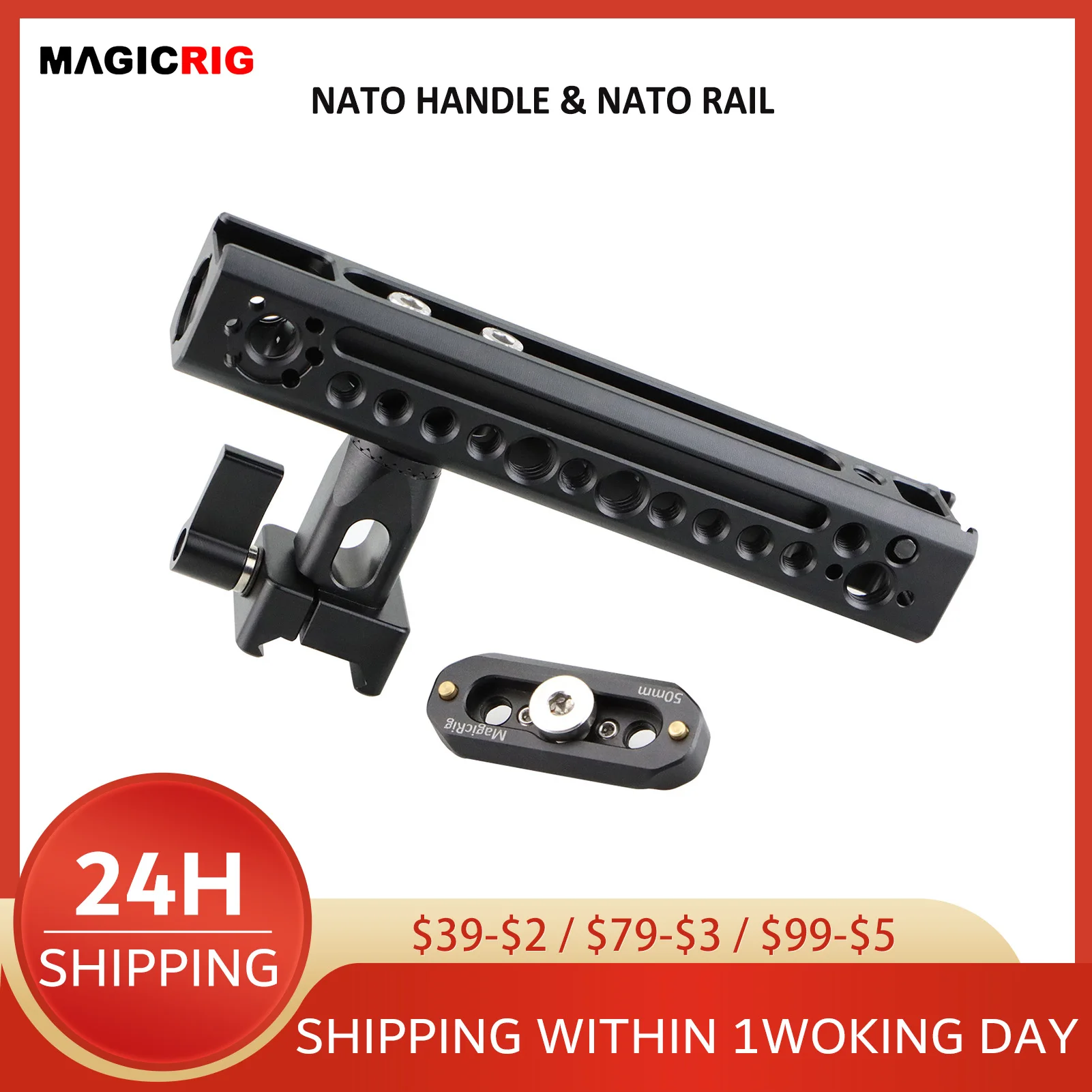 

MagicRig Universal Rotating Top NATO Handle with NATO Rail For 3/8" Locating Hole & 1/4" Hole for Sony Canon Nikon BMPCC Cage