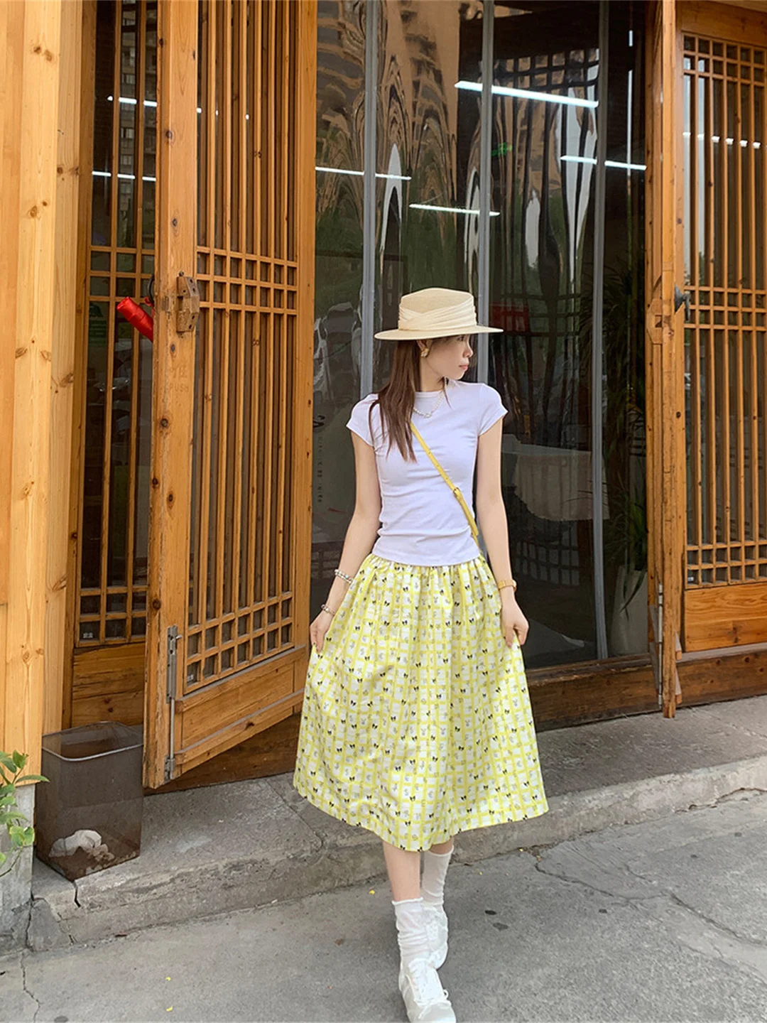 

Yellow A-Line Skirt High Waist Comfortable Polyester Blend Fabric Korean Style Sweet Atmosphere Retro Casual Versatile S...