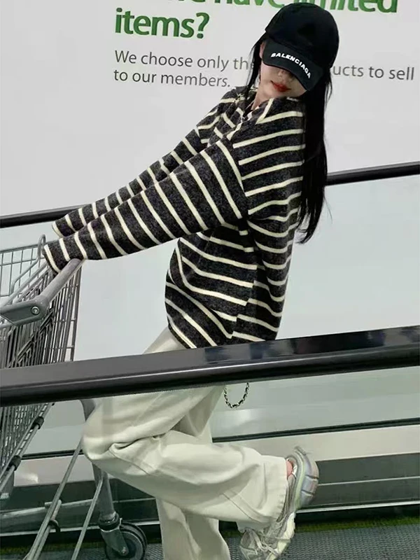 

Женская полосатая футболка больших размеров с американским дизайном, свободная посадка, круглая, хлопковая, полиэстеровая, длинная повседневная футболка с принтом свека