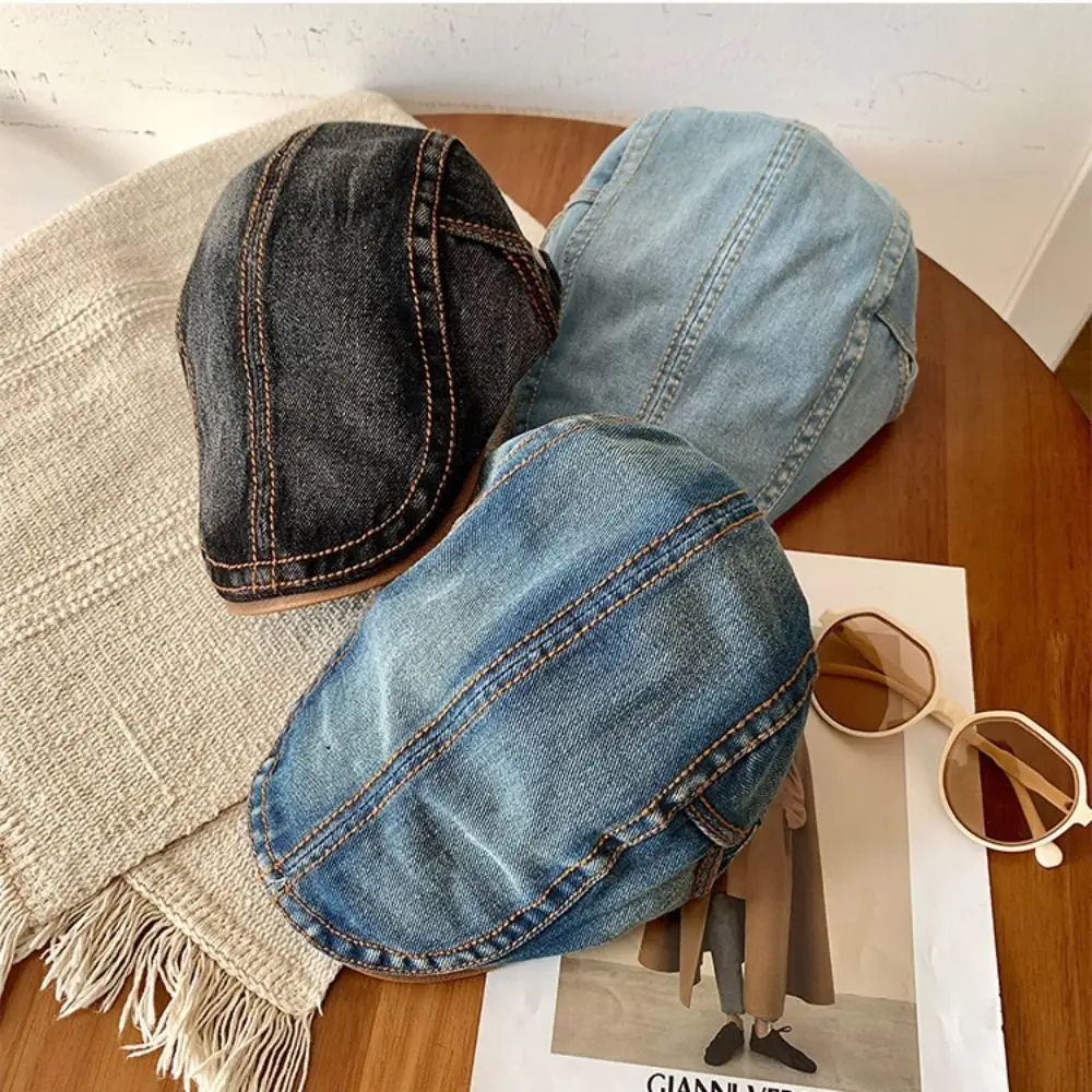 Casual Cotton Washed Denim Newsboy Caps British Style Solid Color Peaked Cap Forward Hat Adjustable Painter Beret Summer