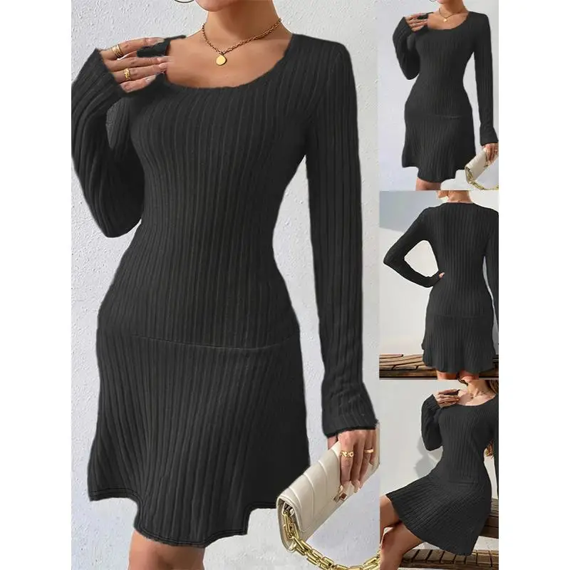 Fashionable Pure Color Long Sleeve Waist-Cinching Dress Autumn Winter New Arrival Women's Clothing Citywalk Irregular Skirt