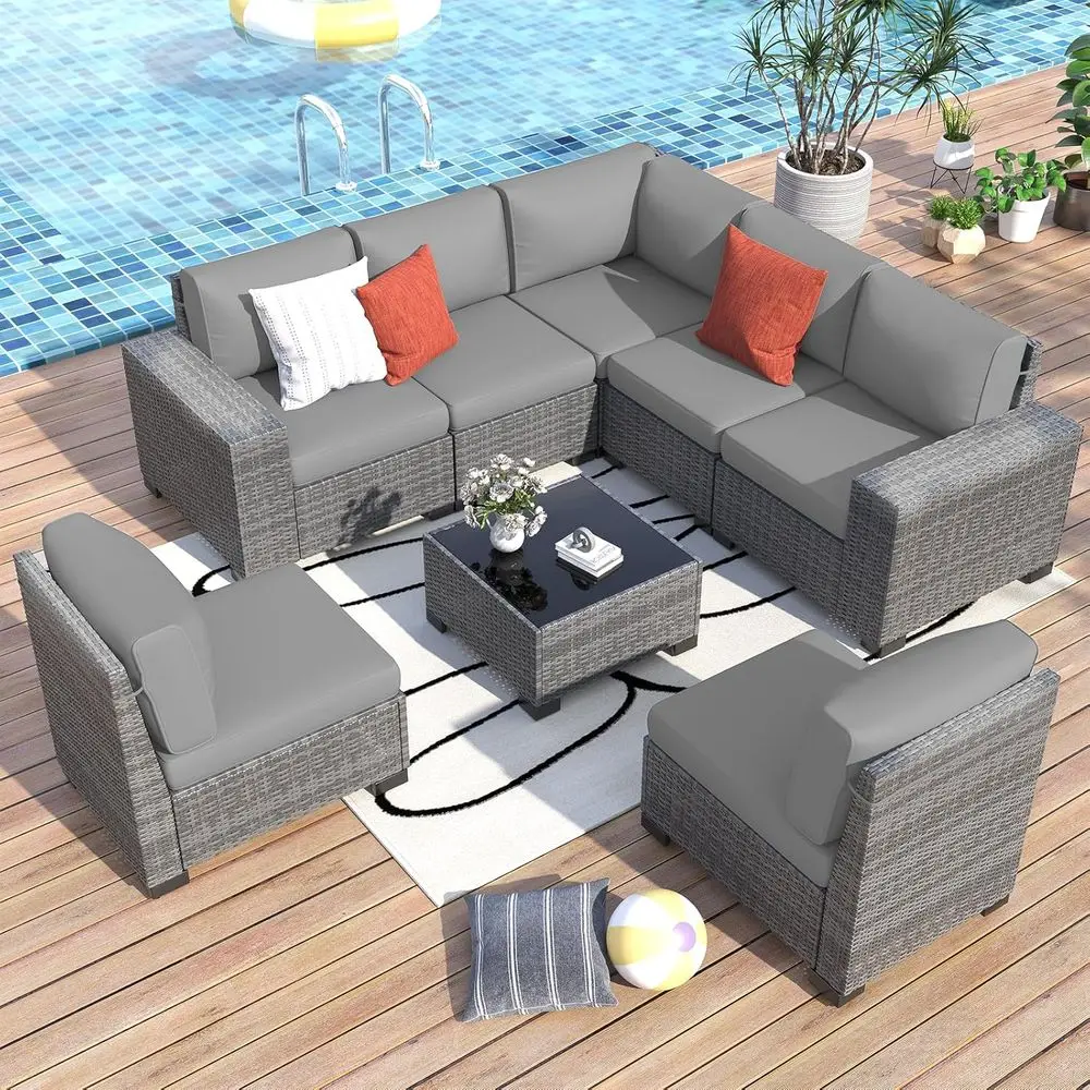 

8-Piece Grey Outdoor Sectional Sofa Set with Cushions and Cover for Patio, Balcony, Deck