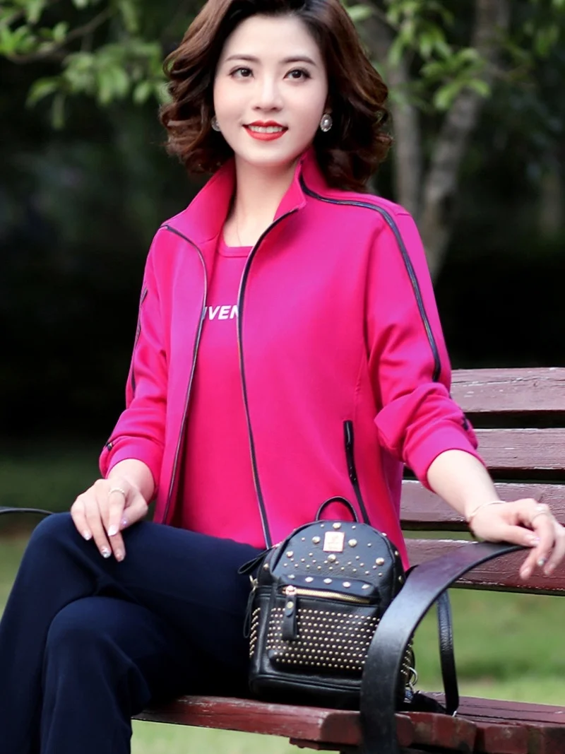 

Спортивный повседневный комплект из двух предметов для женщин среднего возраста: одежда для бега, хлопковая смесь, свободный крой, длинные брюки на молнии