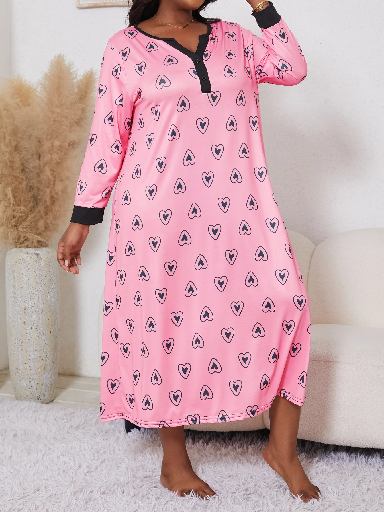 Large size ladies pajamas autumn long sleeve love print pajama skirt and knee skirt home dress