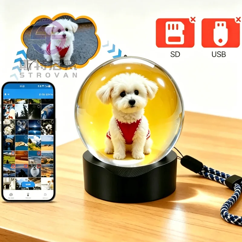 Customizable WiFi 4GB Memory Orb Christmas Anniversary Ornament Personalized 3D Video Sphere Uploadable Videos/Photos Player
