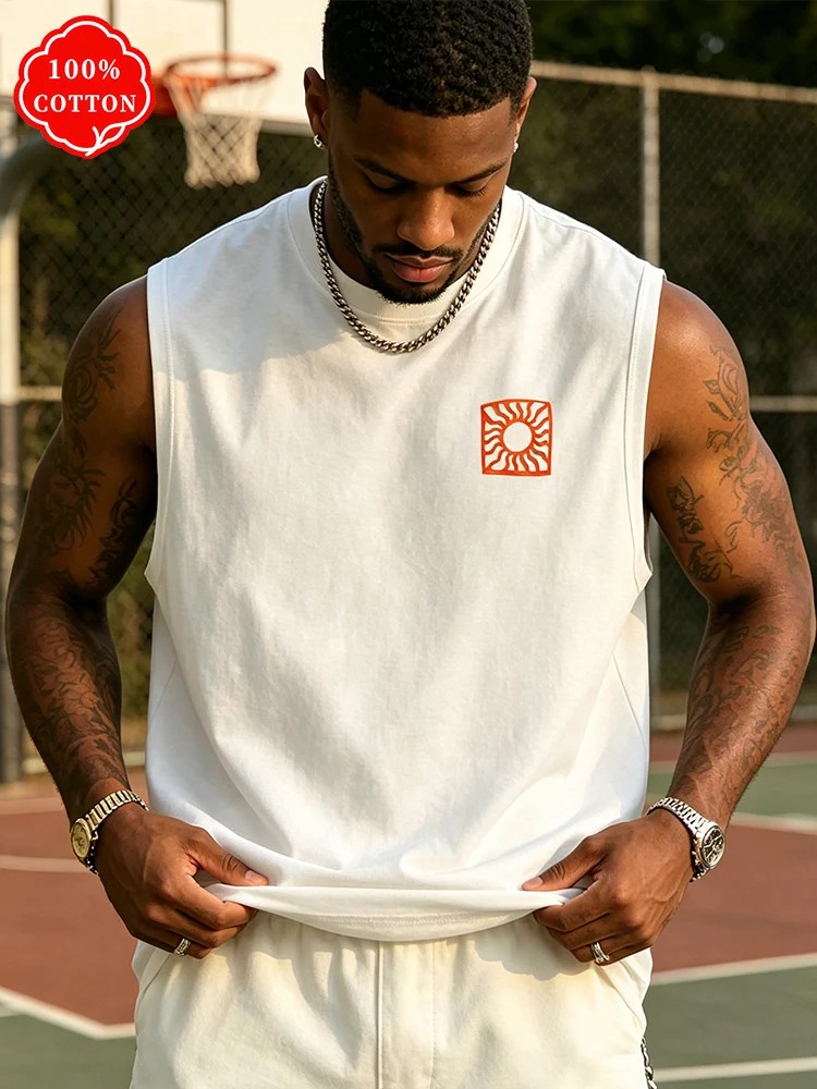 Men 100% Cotton Sleeveless Tank Top Vintage Orange Sun Graphic Oversized Loose Fit Old School Streetwear Casual Summer Vest-T91