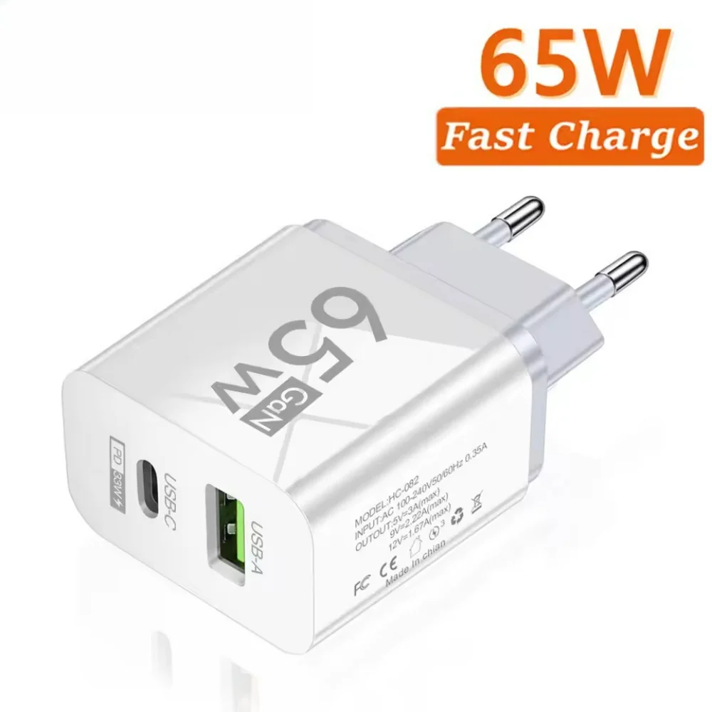 65W USB GaN Charger 2 Ports Type C Fast Charging QC3.0 Travel Charger Mobile Phone Adapter For Phone For Samsung Huawei Xiaomi