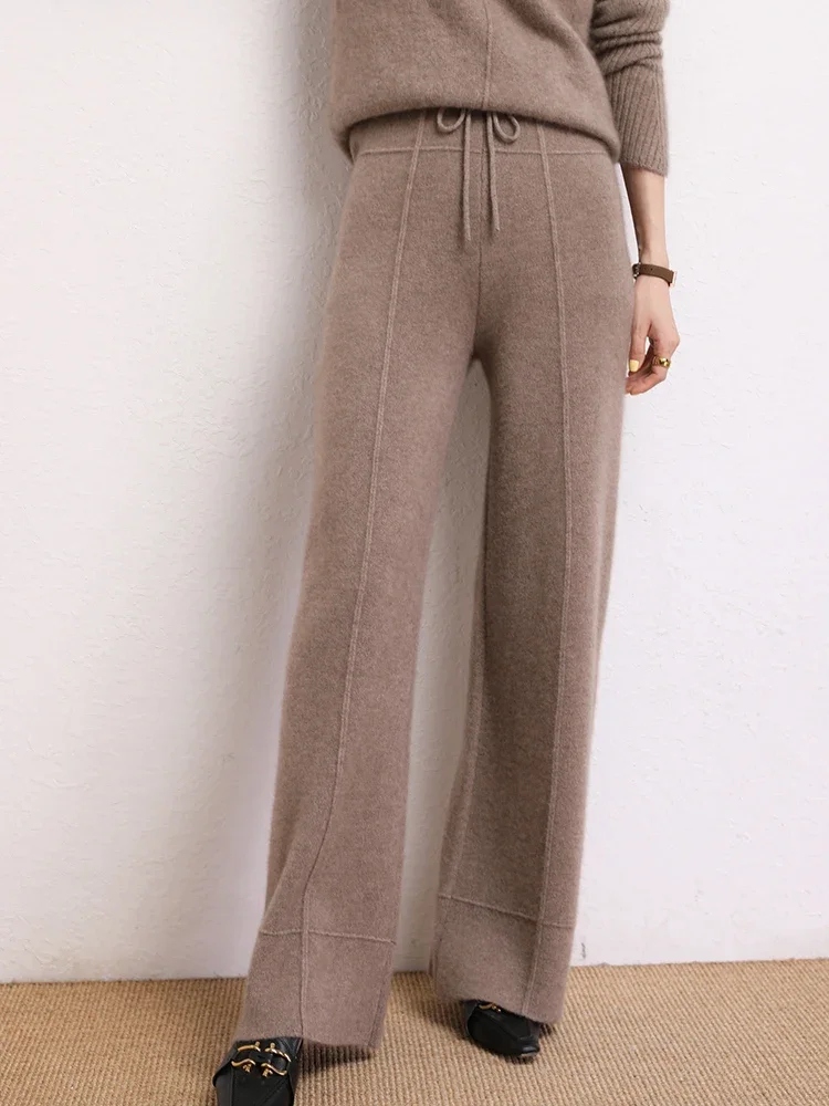 Elegant Women's Trousers 100% Cashmere Pants Wide Leg Pants Autumn Winter Warm Smart Casual Straight Pants Cozy Classic Trousers