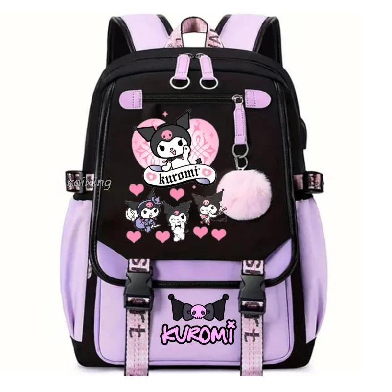 Piękny Kuromi Melody plecaki USB Cartoon fioletowy nadruk chłopiec dziewczęta tornister studenci Bookbag nastolatki kobiety Mochila Escolar Niña