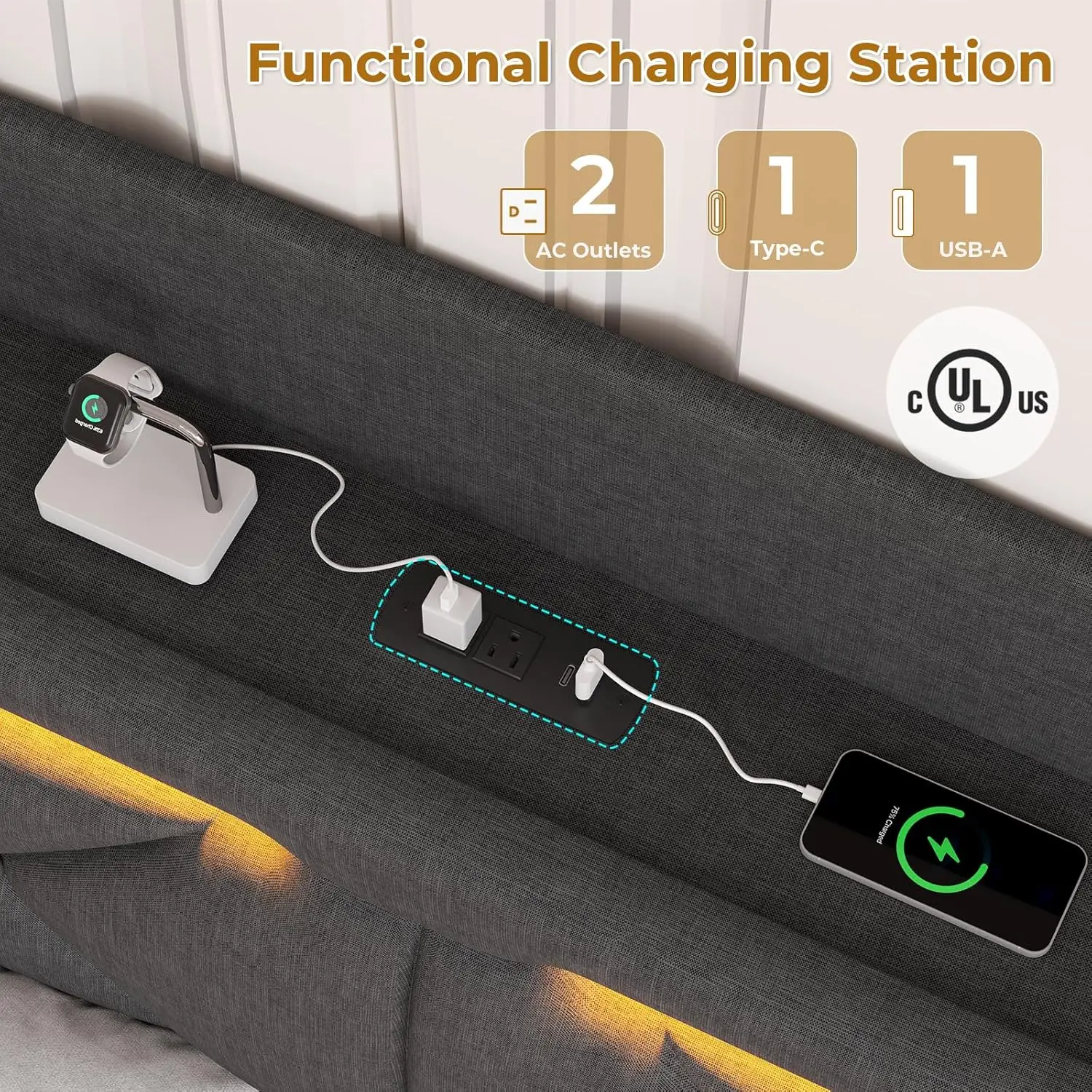 Cadre de lit LED pleine grandeur avec planche de sauna et égouts de proximité de stockage, cadre de lit à plateforme en métal avec station de charge, pas besoin de ressort de boîte