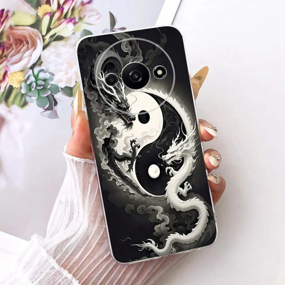 ل Xiaomi Redmi A3 4G حافظة Redmi A3x الغطاء الخلفي الفاخرة التنين لطيف القط الكرتون لينة سيليكون الوفير ل Xiaomi Poco C61 الإسكان
