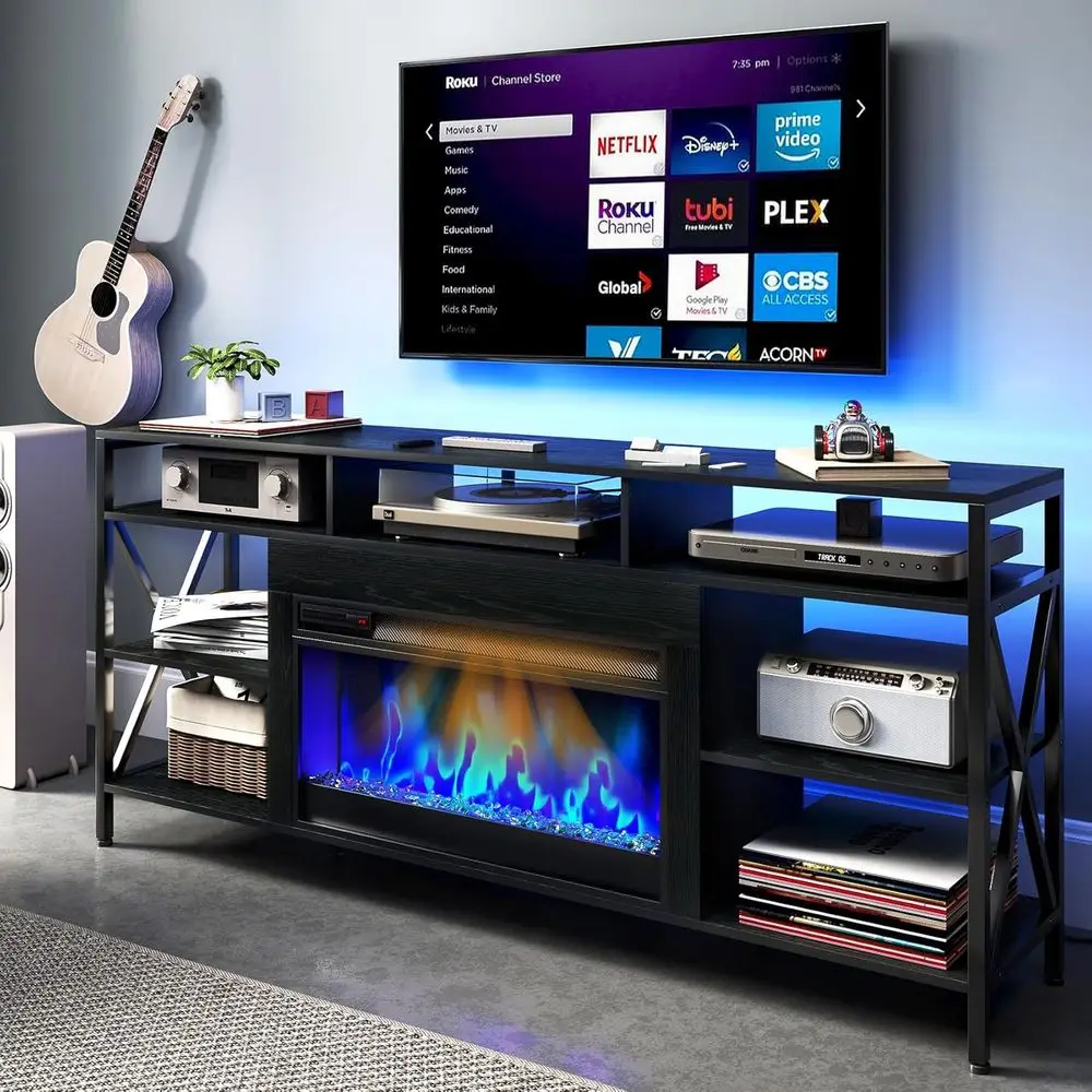 

70 TV Stand with 27.5 Electric Fireplace, Power Strip, LED Lights, and Storage Cabinet for Living Room in Black