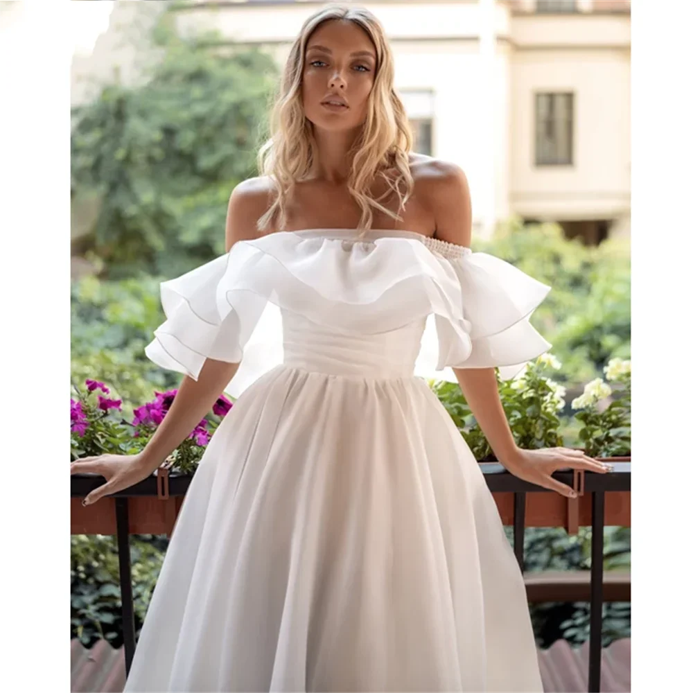 2 Pieces Organza Wedding Dresses Detachable Sleeve Bridal Gowns With Ruffles White Birthday Evening Gowns vestido de novia