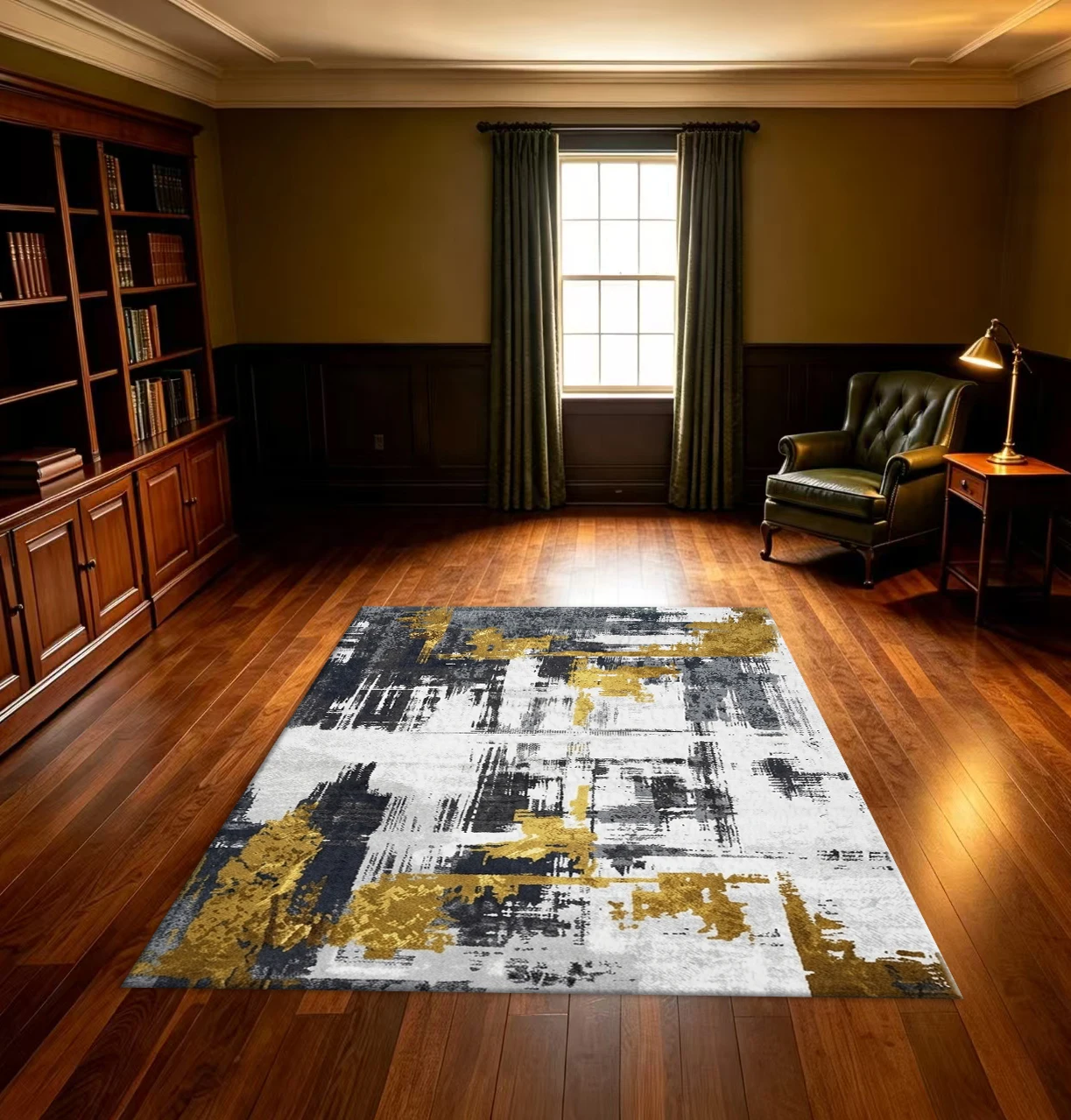 Black White Gold Brush Stroke Abstract Area Rug Modern Graffiti Art Non‑Slip Floor Carpet for Living Room Bedroom Home Decoration