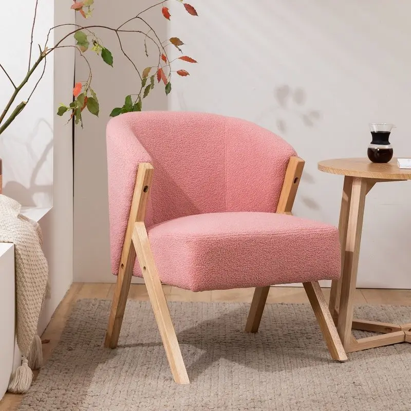 ！@Wholesale Modern Living Room Furniture Lounge Chair KD Wooden Sofa Chair Lamb Wool Fabric White Upholatered Accent Chair