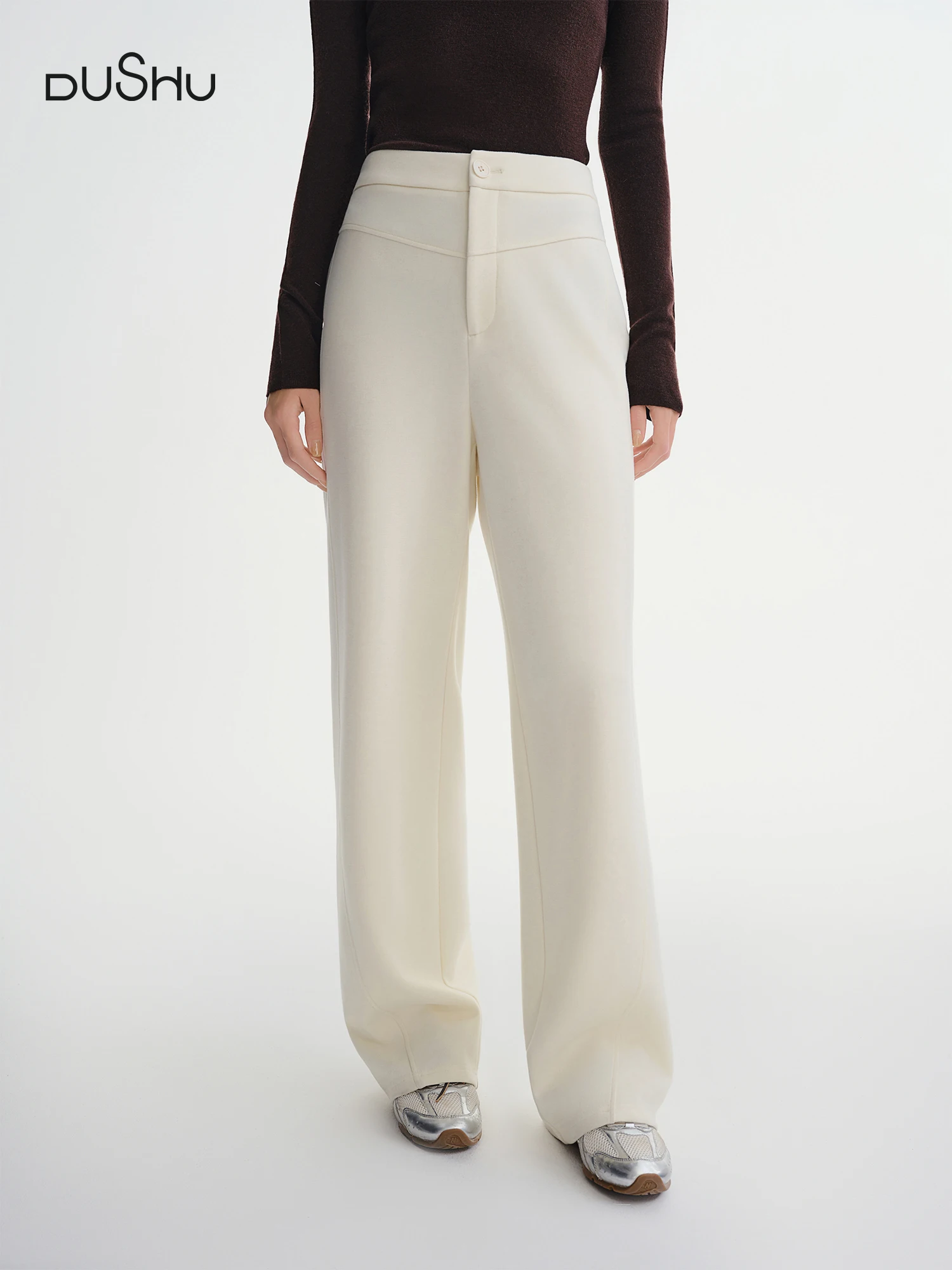 

DUSHU Straight High Waist Slim Fit Casual Pants Women Wool Warm Winter Leisure Basics All-match Simple Commuting