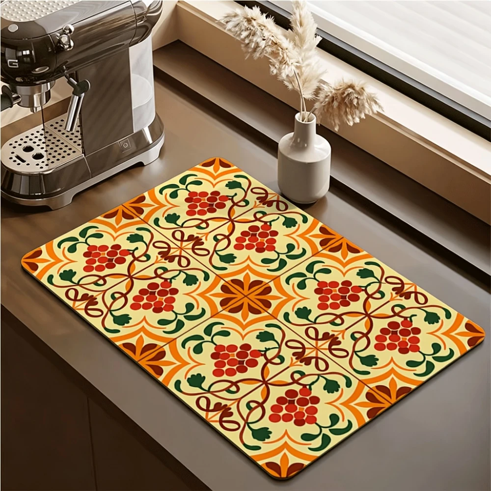 Retro Grape Vine Tile Absorbent Mat Coffee Maker Countertop Drying Pad Heat Resistant Bar Dining Table Home Placemats