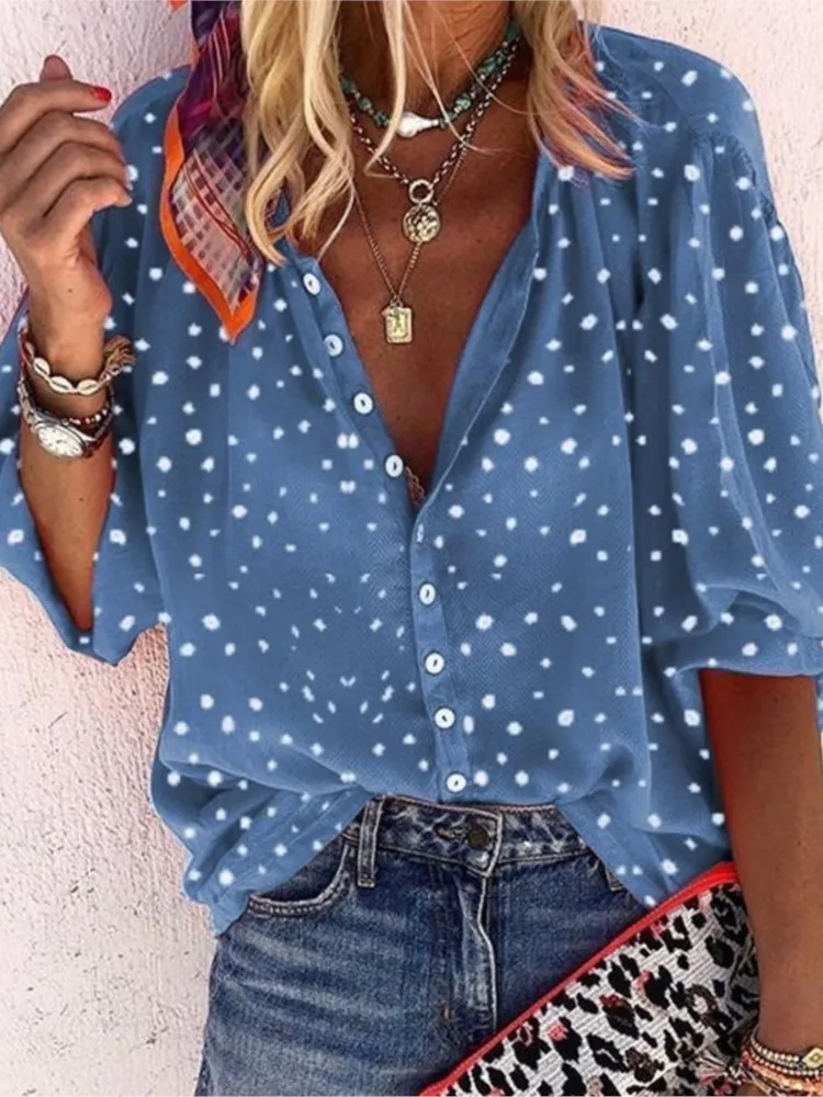 

Casual Polka Dot Print Shirt Top For Women Fashion Long Sleeve Turn-down Collar Button Shirts Tops Lady Holiday Womens Clothing