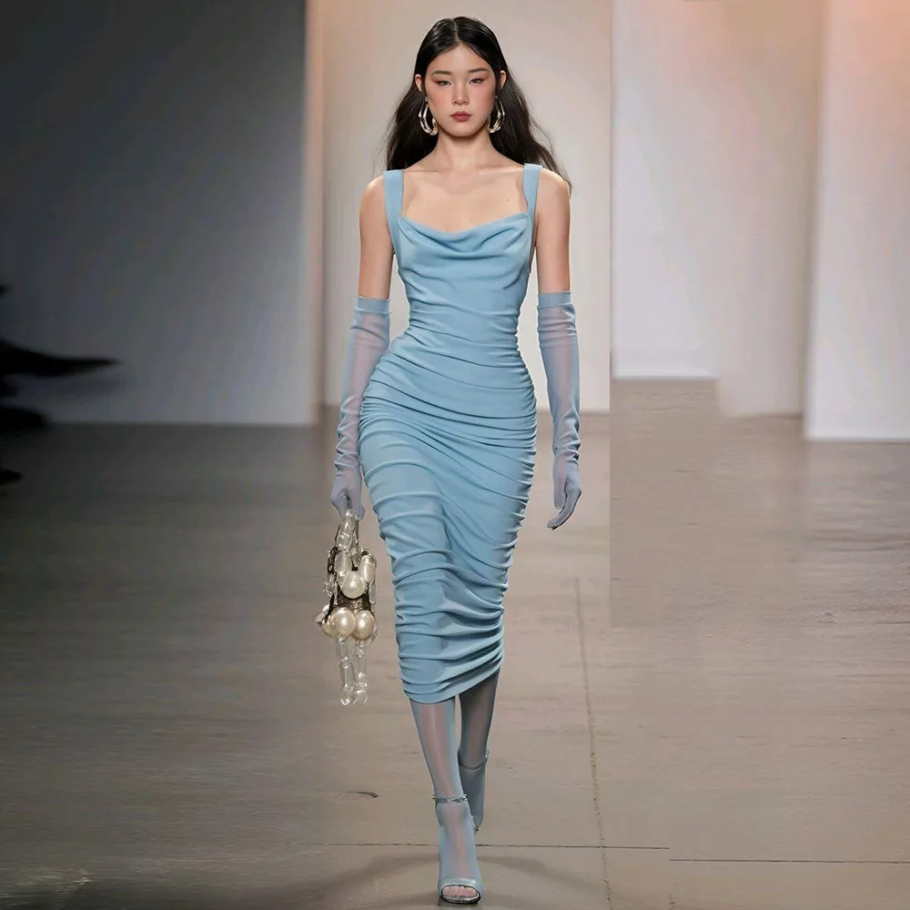 

Baby Blue Evening Dresses Square Collar Sleeveless High Quality Banquet Celebrity Mermaid Formal Occasion Female Gowns Classic