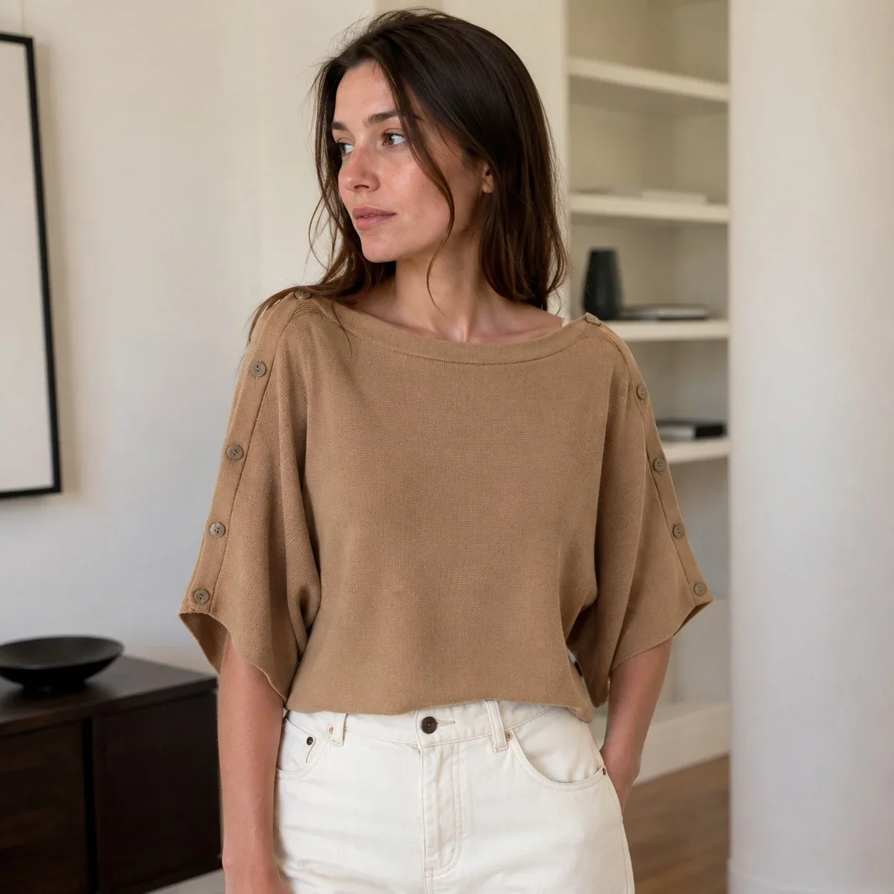 Women Button Slit Knit Top Elegant Boat Neck Batwing Sleeve Sweater Solid Color Slim Waist Pullover Y2K Fashion Streetwear