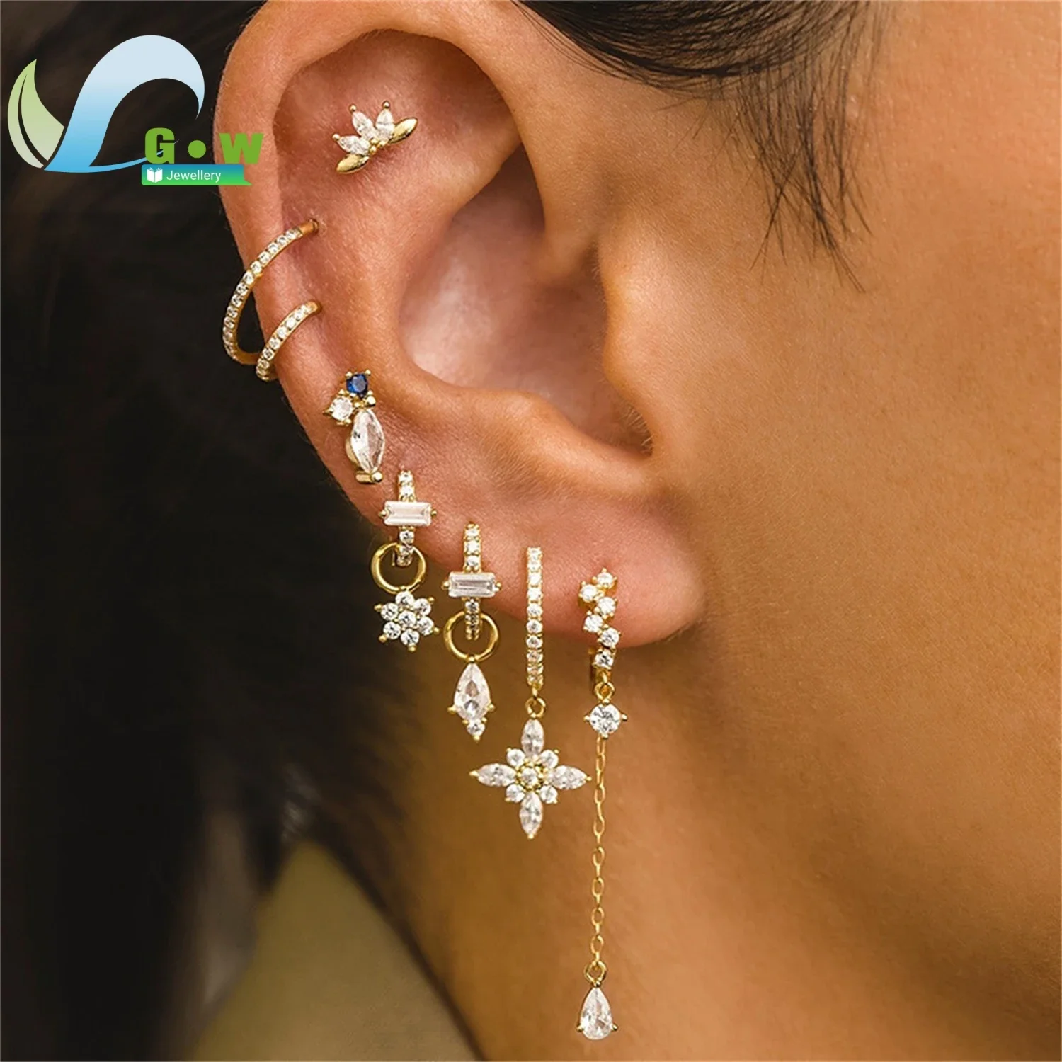 Flower Tassel Earrings Set S925 Silver Post 18k Gold Plated Zirconia Stud and Dangle Earring Womens Fashion Party Daily Wear Gif
