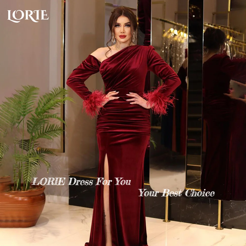 LORIE High Slit Mermaid Evening Dress Pleats Velvet Ruched Party Dress Elegant Prom Dress Long Sleeve Party Gowns Customized