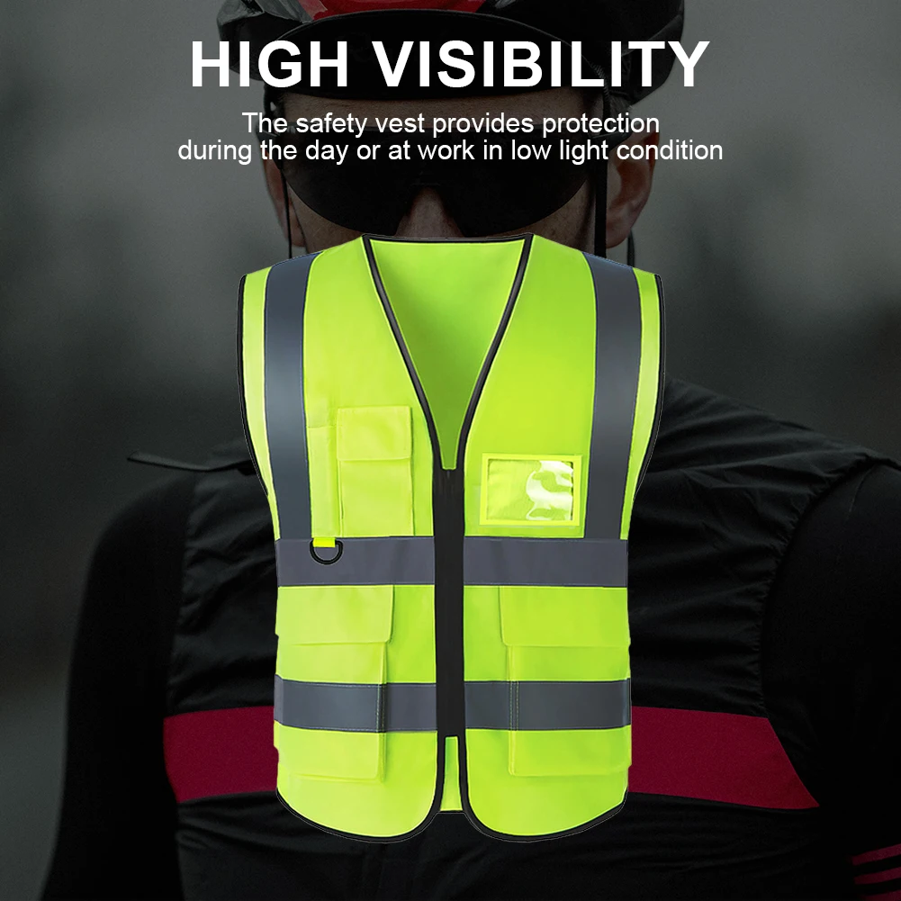 Car Reflective Safety Vest Breathable High Visibility Jacket 2 Reflective Strip Multi-pocket Reflective Vest for Driver Workers