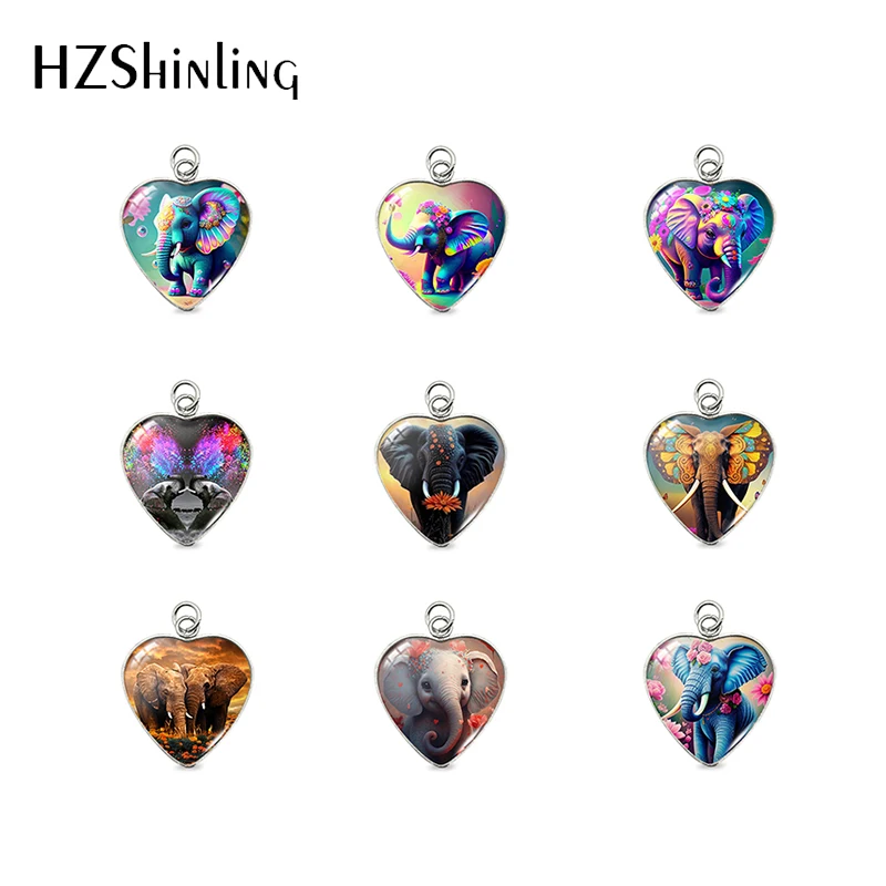 2023 Newm Arrival Funny Cute Elephants Jewelry Glass Cabochon Heart Pendant Handmade Stainless Steel Charm Pendants