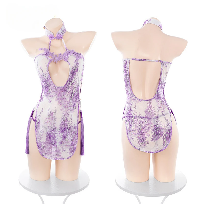 Hollow Out bielizna w klatce piersiowej Cheongsam wysoki rozcięcie Backless seksowna Mini sukienka Cosplay chińska tradycyjna piżama Qipao perspektywa