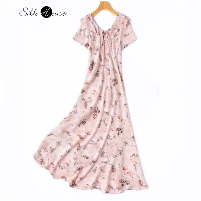 

Women's Summer New Slant Cut Pink Printed 100% Natural Mulberry Silk crepe de Chine Lotus Leaf Edge V-neck Short Sleeve Dress