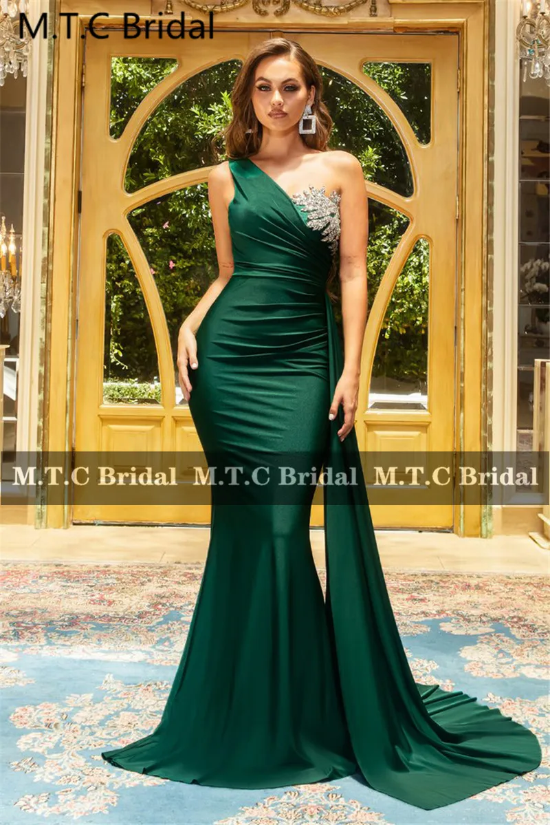 Emerald Green Mermaid suknie balowe długa ramię Backless srebrne kryształy formalne kobiety suknia na ślub szata na imprezę De Soiree