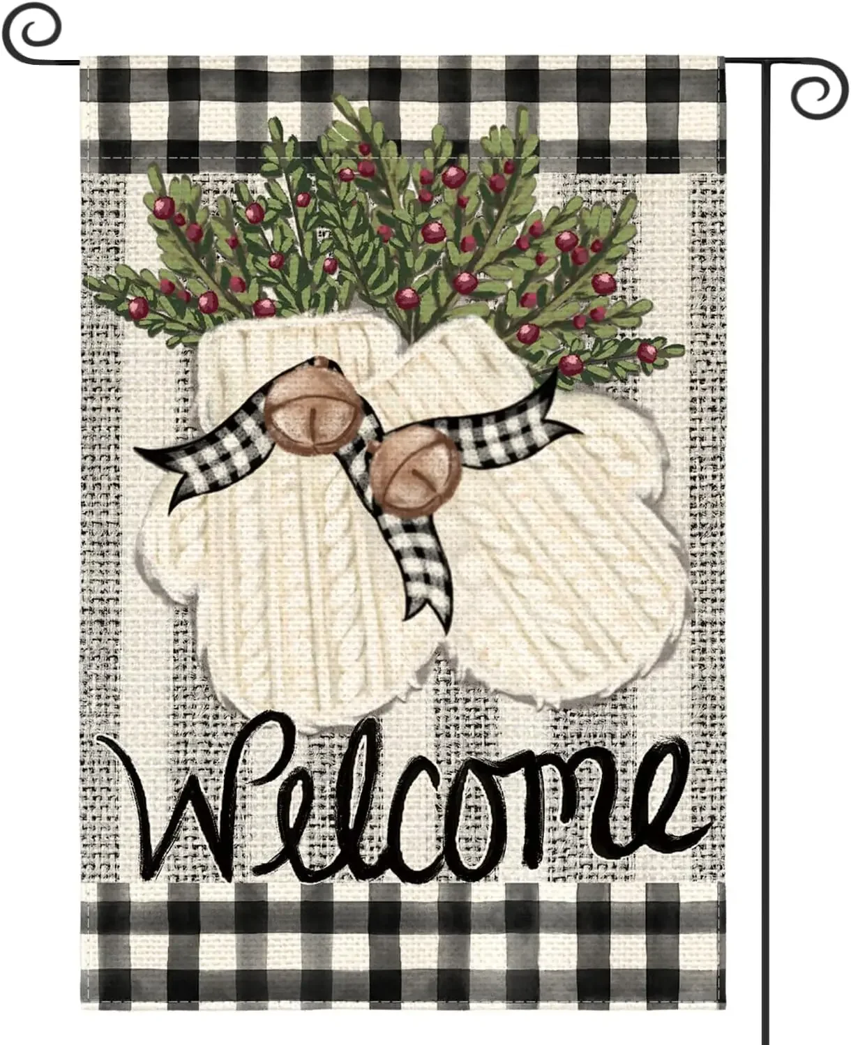 AVOIN colorlife Gloves Holly Welcome Winter Garden Flag 12x18 Inch Double Sided, Buffalo Plaid Rustic Seasonal Yard Outdoor Deco