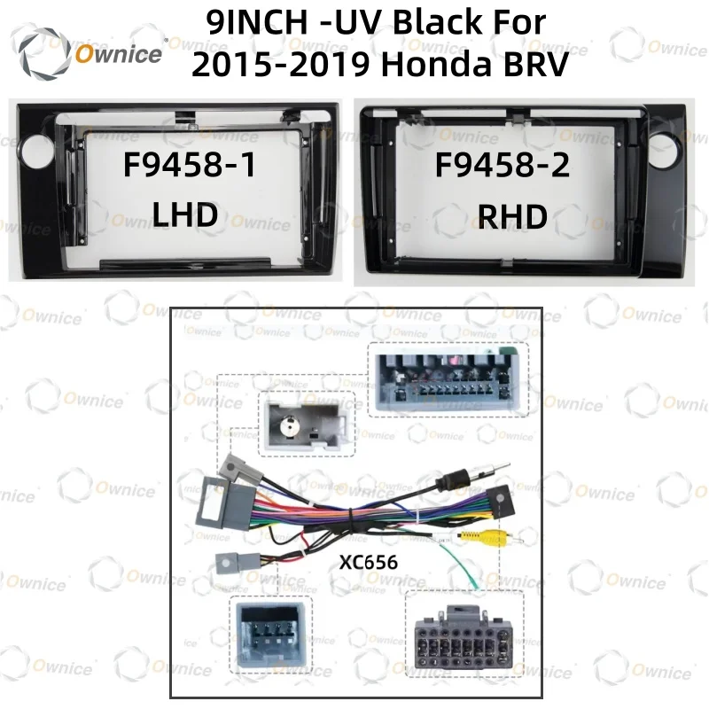 Ownice Adaptador de Marco de Radio de 9 Pulgadas para Coche Honda BRV Amaze Brio 2015-2019, Kit de Panel de Montaje para Radio Android con Arnés de Cableado y Canbus