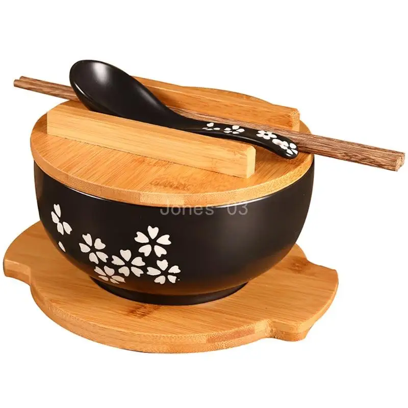 Q6PE Japanese Tabeware Set Vintage Bowl Chopsticks Lid Spoon Pad for Home Restaurant Dining Room Eating Accessory