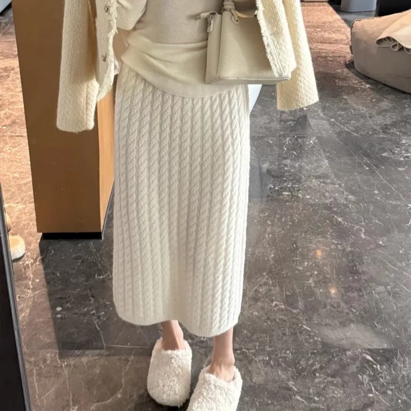 French gentle style! Twisted 100 pure wool knitted dress for women loose half skirt for autumn and winter short and long skirt