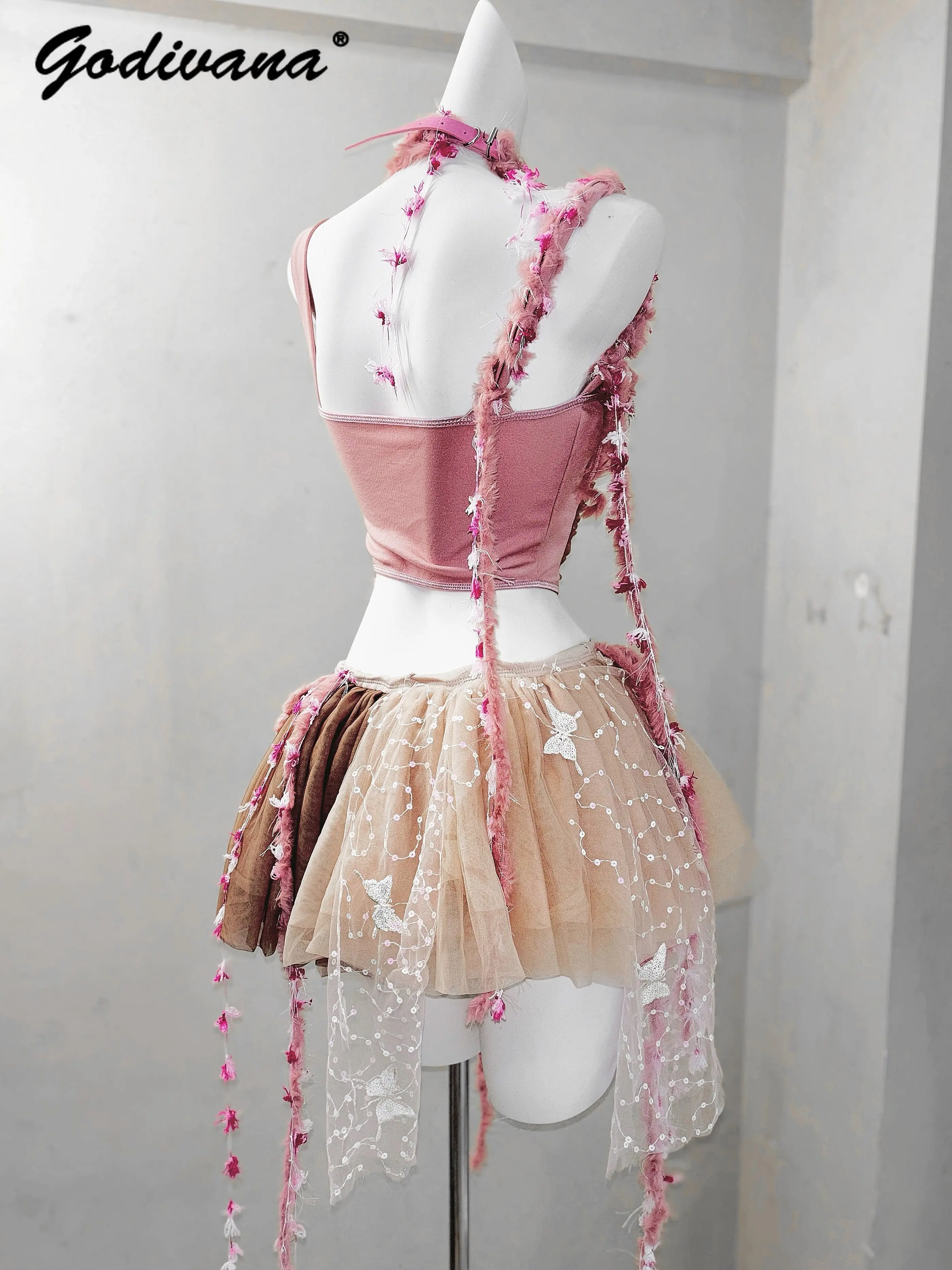 Original Design Handmade Women's Pink Brown Gradient Mesh Jellyfish Skirt Flower Embroidery Bustier Corset Gorgeous Skirt Suit