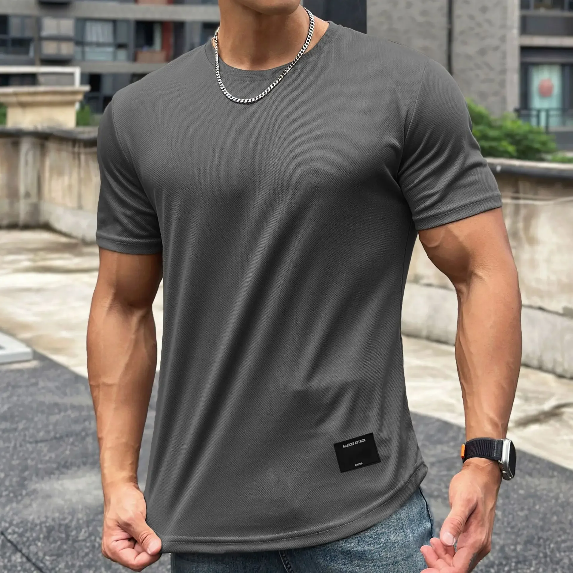 2024 new Men Summer Short Sleeve Fitness T Shirt Running Sport Gym Muscle T Shirt Workout Casual High Quality Tops Clothing image 4