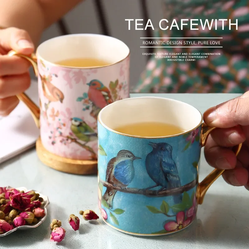 380ml Bone China Coffee Mugs European Bird Pattern Light Luxury British Afternoon Tea Flower Cup Couple Mug Ceramic Gift