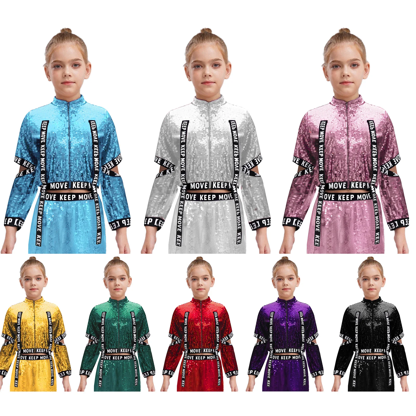 سترة أداء للرقص على طراز الهيب هوب للأطفال البنات مع أشرطة مرنة وأكمام مقطوعة وترتر لأداء المسرح #2