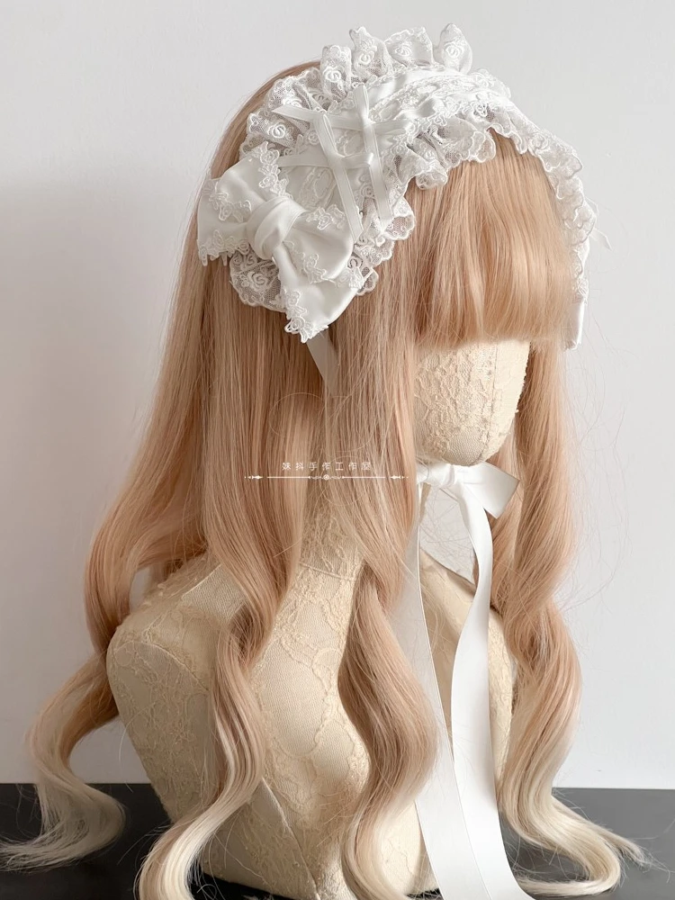 Lolita Handmade Hair Band, Headdress, Branco, Preto, Rosa, Azul, Lace Bow, Kc, Acessórios Originais