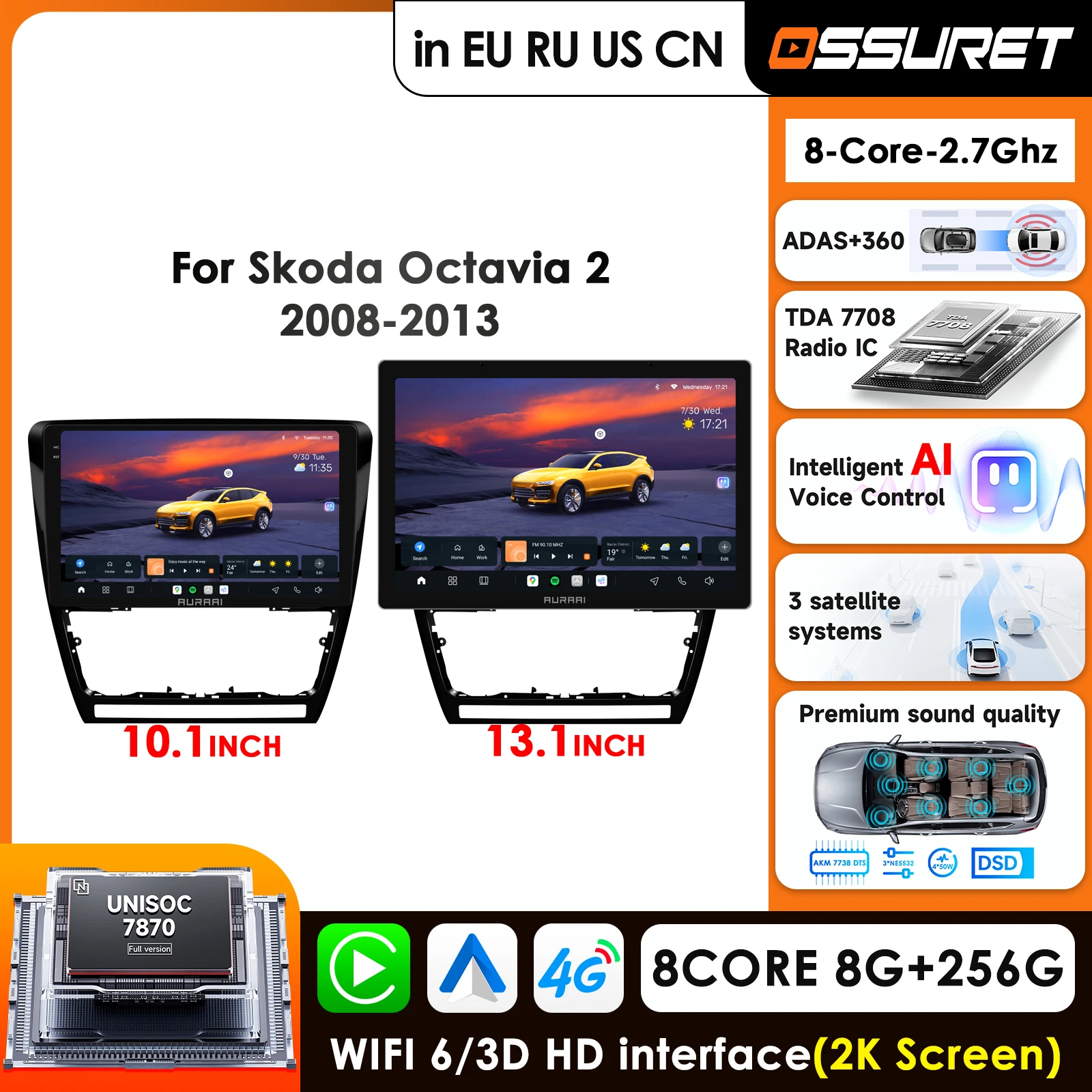 

2K Screen Android CarPlay Auto Car Multimedia Player For Skoda Octavia 2 A5 2008-2013 Autoradio Stereo Audio Monitor 360°Camera