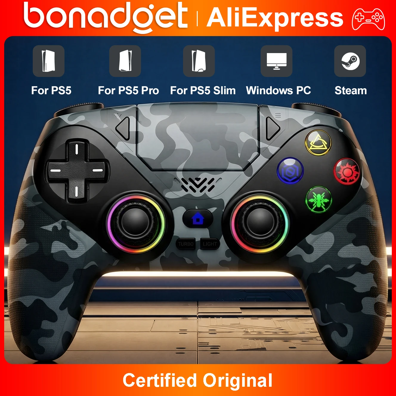 RGB Wireless-Controller für Playstation 5/PS5/PC, 6-Achsen-Gyro-Gamepads, mit Dual Shock Turbo & Marco-Programm, 3,5-mm-Klinkenstecker, Game-Joystick