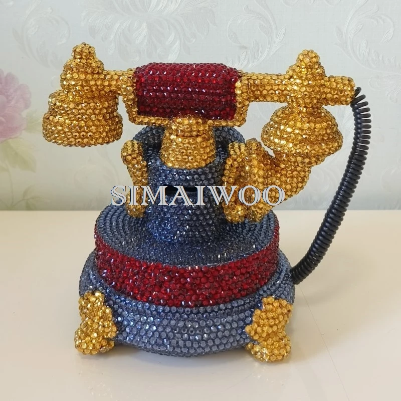 Statue de téléphone rétro en biscuits, horloge de broderie mosaïque, stockage de pièces de monnaie fait à la main bricolage, cadeau décoratif Bling-bling, cadeau en cristal