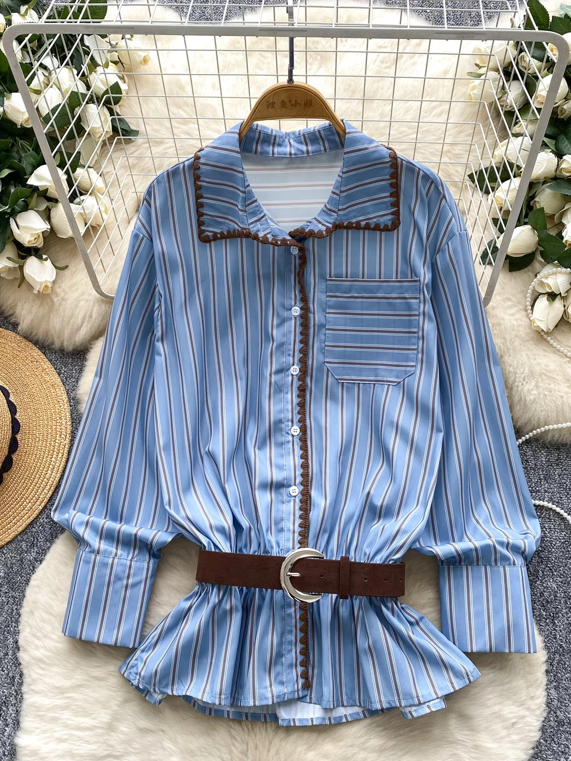 

Ретро Briti Sle в полоску, свободный крой, женский дизайн с отложным воротником, Sensation Ele Faionable Top, модный