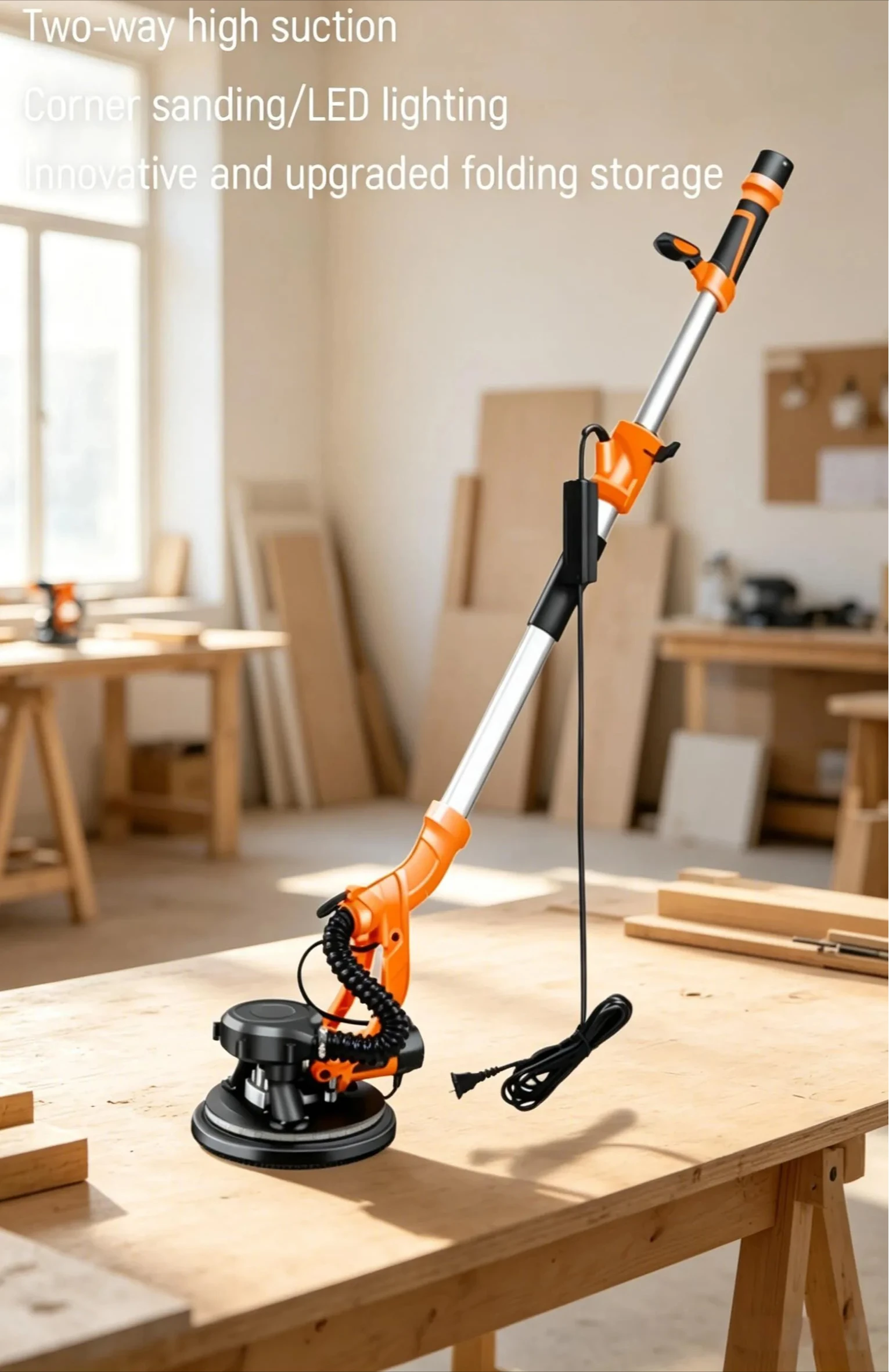 Light Extendable & Foldable Handle 6 Variable Speed Wall Polisher Tool Wall Sander Electric Drywall Sander 800W with 360° LED