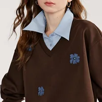TOYOUTH Women Sweatshirt 2025 Autumn New Denim Flower Embroidery Fake Two Piece Splicing Turn Down Collar Cotton Casual Pullover - Image 4