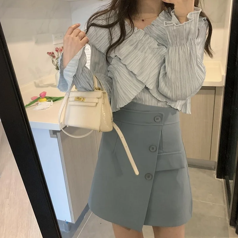 Blouses Woman Elegant Office Ladies All-match Solid Folds Butterfly-sleeve Sweet Casual Summer V-neck Korean Style Ins Design