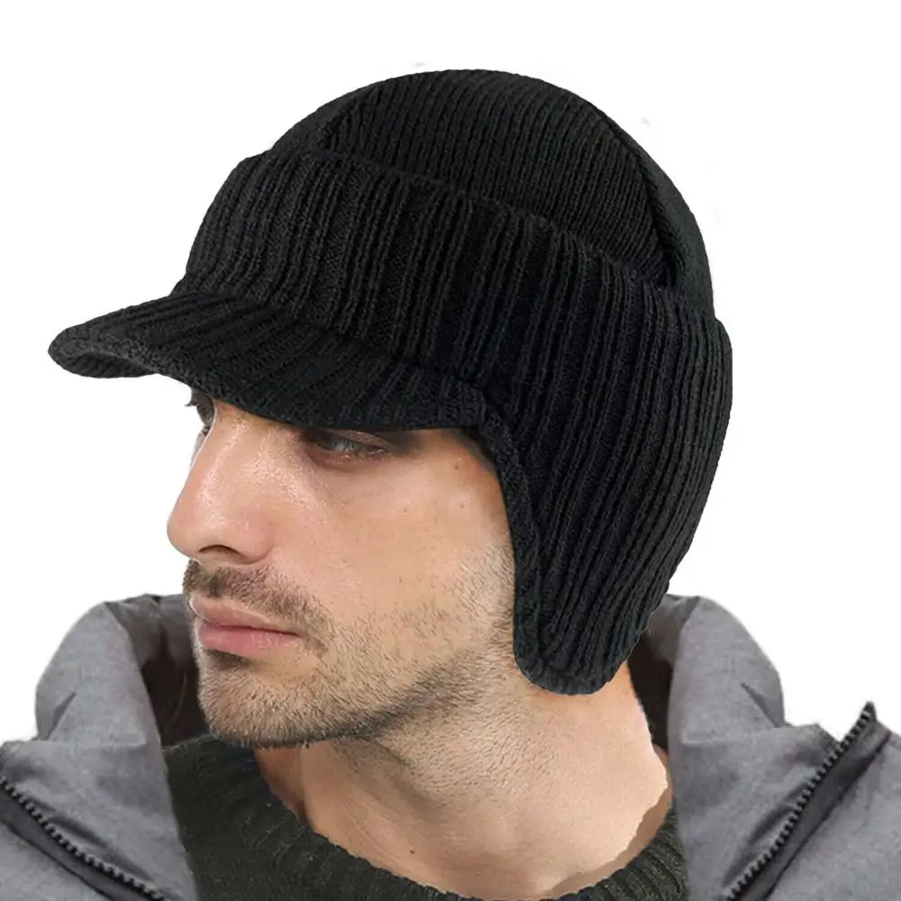 Warm Beanie Hat Winter Fleece Lined Ear Protection Peaked Knit Cap Plush Outdoor Bomber Hats Men