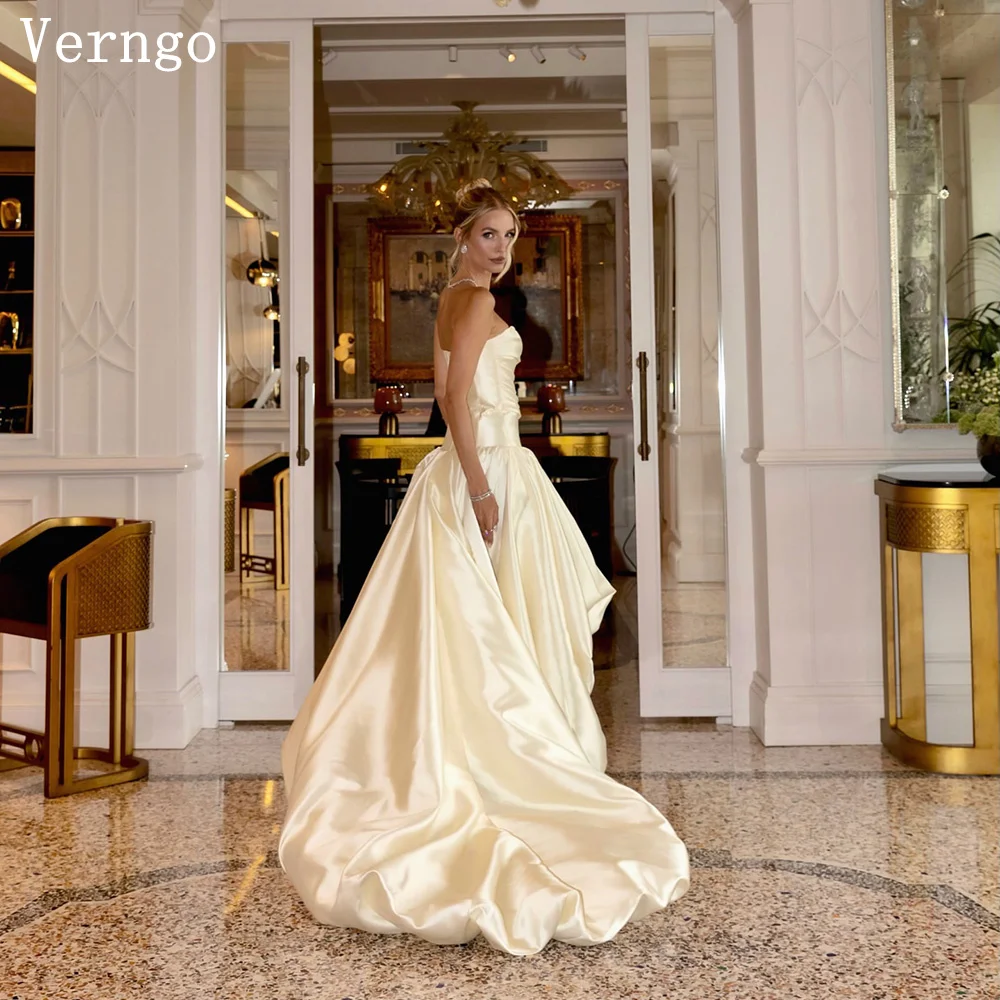 

Verngo Beige Wedding Dress Strapless A Line Sweap Train Bridal Gowns Women Elegant Prom Bride Dresses Customized