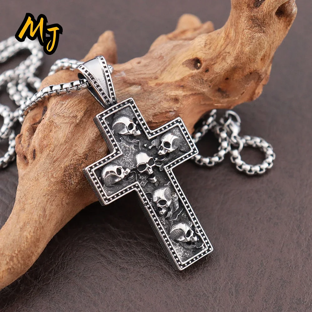New Gothic Cross Skull Necklaces Men\'s Vintage Stainless Steel Pendant Unique Halloween Amulet Jewelry Accessories Wholesale